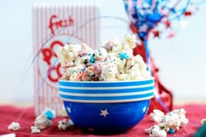 Firecracker popcorn mix is the perfect sweet, salty, festive snack to add a little “pop” to your Fourth of July party this year. This mix features Pop Rocks to give your tastes buds an explosion of flavor. Kids and adults alike will love the popping of “firecrackers” in their mouths.