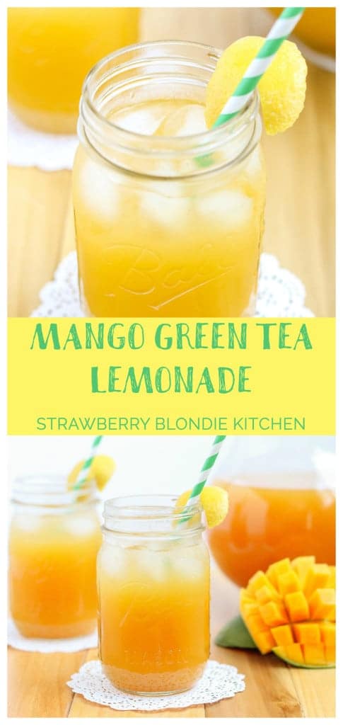 This Mango Green Tea Lemonade is the perfect thirst quencher for those long hot days of summer. Sweet mangoes pair perfectly with sour lemons and the bright taste of green tea making this drink both refreshing and addictive. | Strawberry Blondie Kitchen