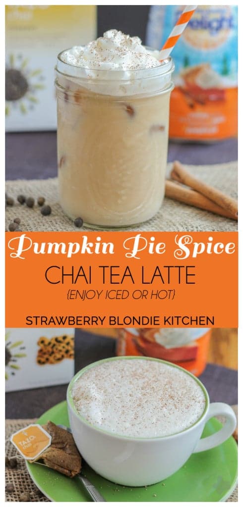 Kick start this fall season with a Pumpkin Pie Spice Chai Tea Latte. Pumpkin Pie creamer blended with seasonal spices such as cinnamon, ginger and cardamom in chai tea, meld together perfectly to bring you a delightfully warm {or iced latte} perfect for those crisp autumn mornings. | Strawberry Blondie Kitchen