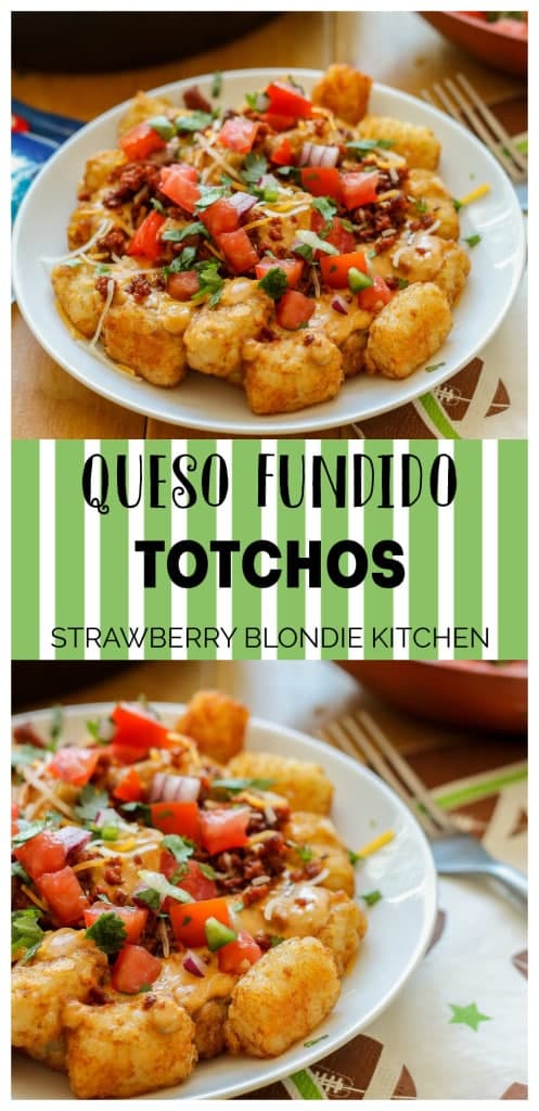 A classic twist on nachos, these Queso Fundido Totchos are a crowd pleaser. Serve them up for tailgating, an at home football party or serve them for dinner. Whatever you choose, they're sure to be a TOUCHDOWN and will have your guests going back for seconds! | Strawberry Blondie Kitchen