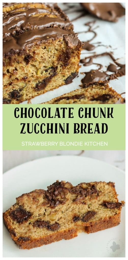 Deliciously moist, chocolaty and flavorful from warm spices such as cinnamon and nutmeg and finally drizzled with more chocolate, this Chocolate Chunk Zucchini Bread will have even the pickiest of eaters going back for a second slice! | Strawberry Blondie Kitchen