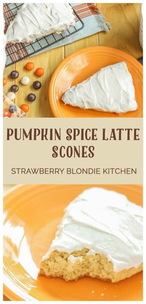 Wake up and enjoy the delicious flavors of fall with these scrumptious Pumpkin Spice Latte Scones. Made with pumpkin spice cake minx, pumpkin spice m & m's and topped with cinnamon cream cheese frosting, these are sure to start your morning off sweetly. | Strawberry Blondie Kitchen