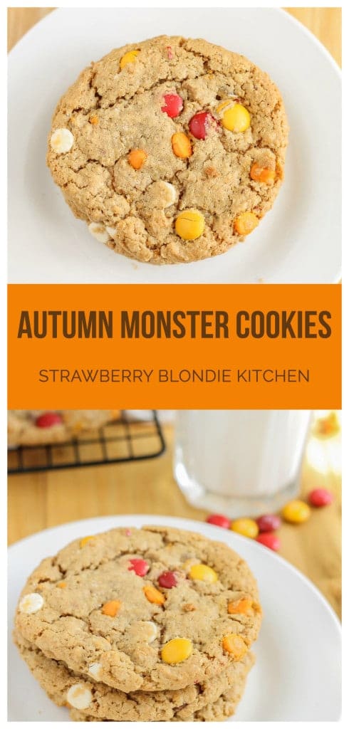Monster cookies taken up a notch with the flavors of Autumn are both delicious and festive. Peanut butter mixed with pumpkin pie spice, white chocolate and pumpkin spice flavored chips and fall colored m & m's make these autumn monster cookies the perfect treat to serve all season long! | Strawberry Blondie Kitchen