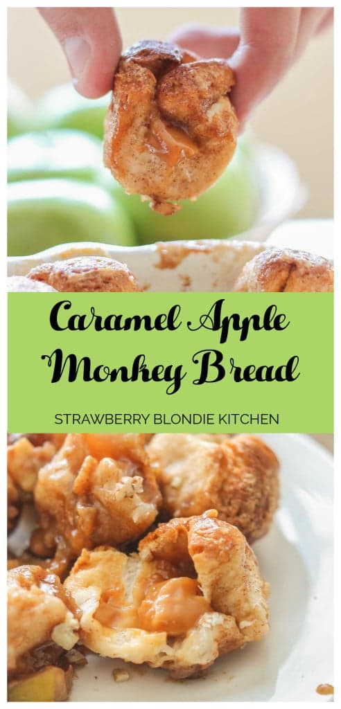 Ooey, Gooey Caramel Apple Monkey Bread is layered with sauteed apples, homemade caramel sauce, cinnamon and pecans. It's a yummy twist on classic monkey bread that'll have you never turning back. | Strawberry Blondie Kitchen