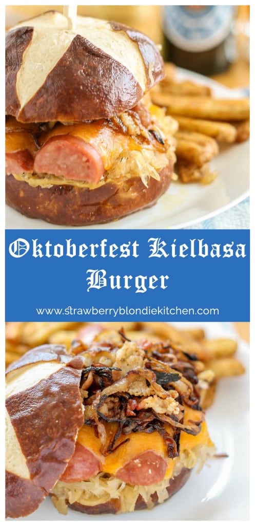 Celebrate the season with friends, merry making and this Oktoberfest Kielbasa Burger. Tangy sauerkraut topped with Hillshire Farm® Polska Kielbasa, cheddar, caramelized onions and bacon, all topped on a pretzel bun. Pair with a German beer and you've got yourself the best Oktoberfest festival west of the Atlantic! Ein Prosit! | Strawberry Blondie Kitchen
