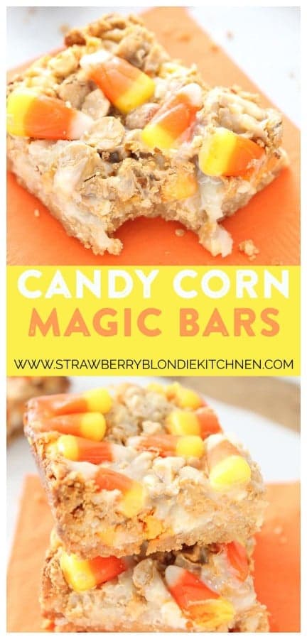 Candy Corn Magic bars are a real Halloween treat and will be a hit at your next party! They feature 7 layers of oreo crust, coconut, peanuts, white chocolate chips, butterscotch chips, sweetened condensed milk and candy corn pieces. With a combination like that, how could you go wrong? | Strawberry Blondie Kitchen