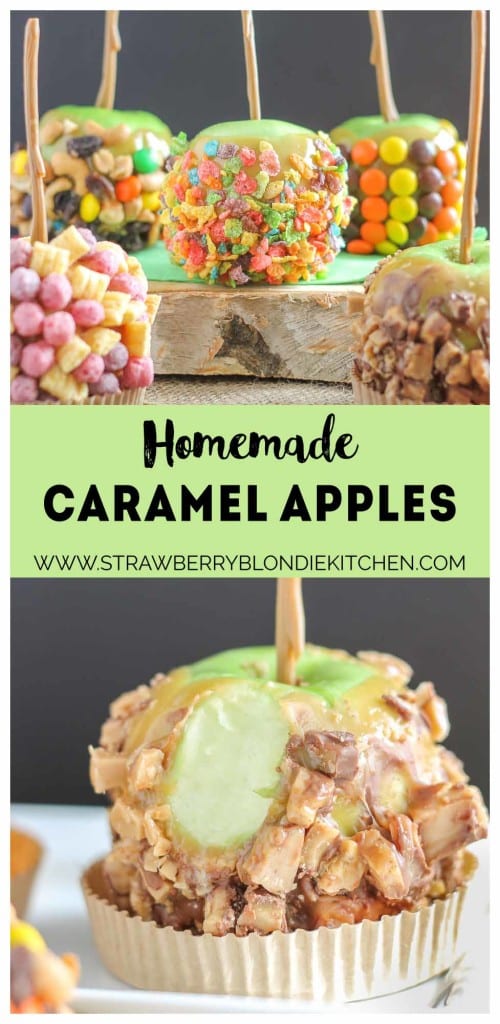 These Caramel Apples are a cinch to make and even better can be personalized to suit everyone in your family! Whether fruity, sweet and salty, peanut butter or toffee is your pleasure, these caramel apples will please any taste bud! They're easier than you think and will have you wondering why you've purchased the store bought kind all these years! | Strawberry Blondie Kitchen