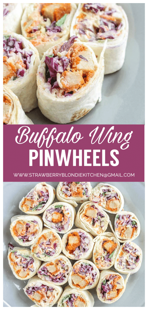 All your favorite flavors of a buffalo wing rolled up into one delicious, snack sized bite in these Buffalo Wing Pinwheels. Made with MorningStar Farms® Buffalo Wings and a blue cheese coleslaw, these are sure to be an all around favorite at your next get together! | Strawberry Blondie Kitchen