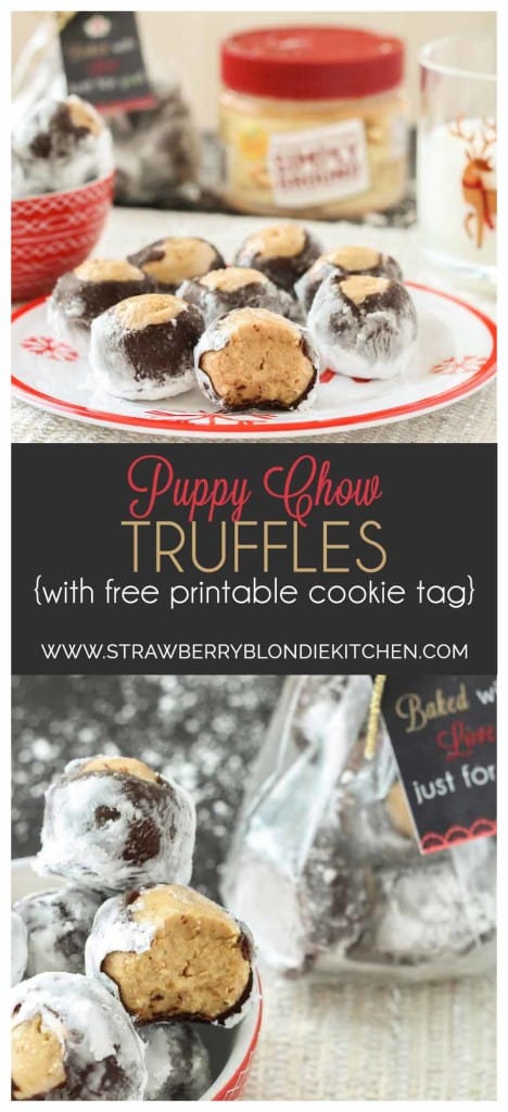 Creamy with a little bit of crunch, Peter Pan® Simply Ground Peanut Butter works beautifully in these Puppy Chow Truffles. Peanut butter balls dipped in chocolate and rolled in powdered sugar are the perfect treat to pass out to all your friends, family and coworkers this holiday season. Bonus-free printable holiday cookie gift tag! No excuses! | Strawberry Blondie Kitchen