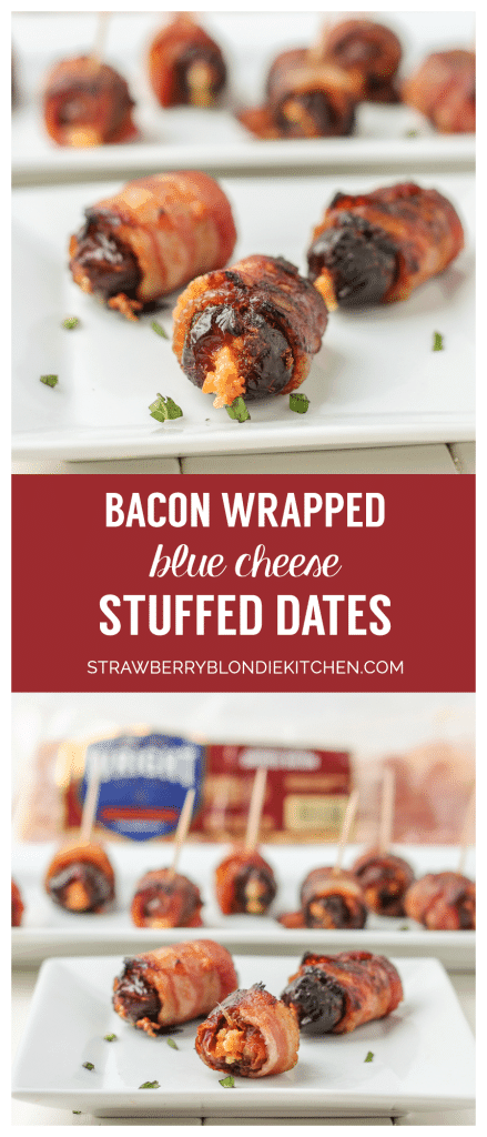 Sweet, creamy, sharp and smoky, these Bacon Wrapped Blue Cheese Stuffed Dates are perfect for your next party! 3 ingredients and super simple, these are sure to be your next go to appetizer for all those upcoming holiday festivities. | Strawberry Blondie Kitchen