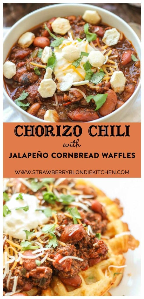 Chorizo Chili with Jalapeño Cornbread Waffles is perfect for game day, a chilly fall night or neighborhood potluck. This beefy flavored packed chili gets a slight kick from the spicy chorizo sausage. Served on top of cornbread waffles, dolloped with cheese and cilantro, and you've got yourself a well rounded meal! | Strawberry Blondie Kitchen