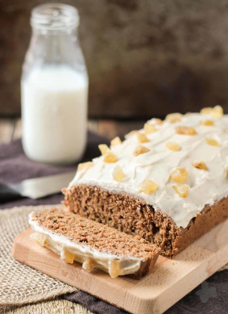 It's the holiday season and nothing could be more festive than a classic Gingerbread Loaf made with SPLENDA®. Aromatic spices, nutmeg cream cheese frosting and candied ginger pair perfectly with a nice hot cup of coffee to jump start your holiday shopping, caroling or gift wrapping on a joyous note. | Strawberry Blondie Kitchen