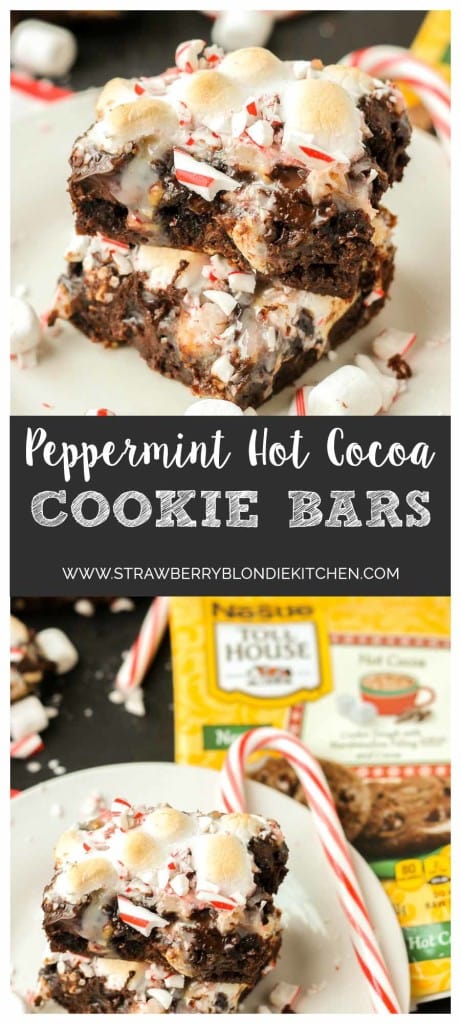 Have your hot cocoa and eat it too with these Peppermint Hot Cocoa Cookie Bars. They feature 7 layers of delicious cookies, chocolate, peanuts, coconuts, marshmallows and peppermint and then drizzled with sweetened condensed milk | Strawberry Blondie Kitchen