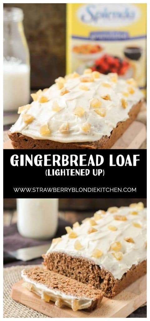 It's the holiday season and nothing could be more festive than a classic Gingerbread Loaf made with SPLENDA®. Aromatic spices, nutmeg cream cheese frosting and candied ginger pair perfectly with a nice hot cup of coffee to jump start your holiday shopping, caroling or gift wrapping on a joyous note. | Strawberry Blondie Kitchen