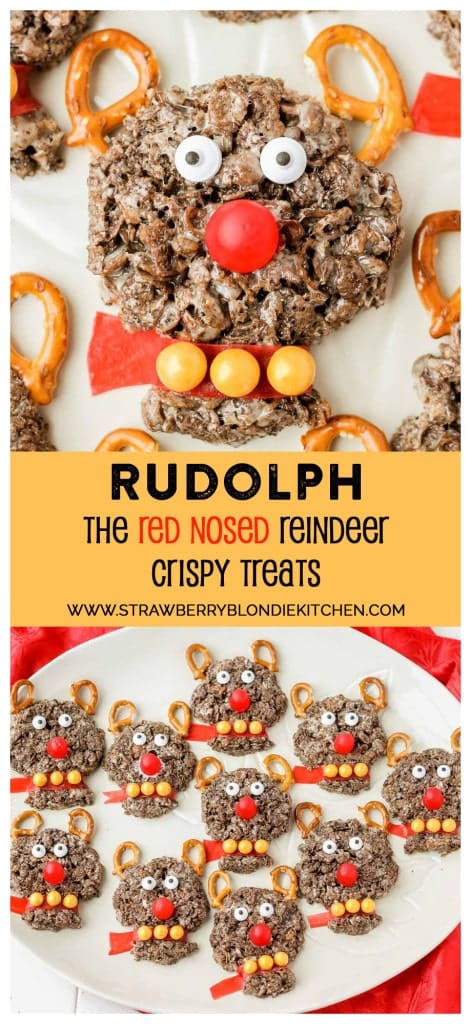 Delicious and {almost} too adorable to eat, these Rudolph the Red Nosed Reindeer Cocoa Pebbles Treats will joy and delight kids and adults alike. We can't forget about Rudolph the Red Nosed Reindeer, after all he is the one who guides Santa's sleigh. These Cocoa Pebbles treats are fun for all your holiday parties this season and they taste great too! | Strawberry Blondie Kitchen