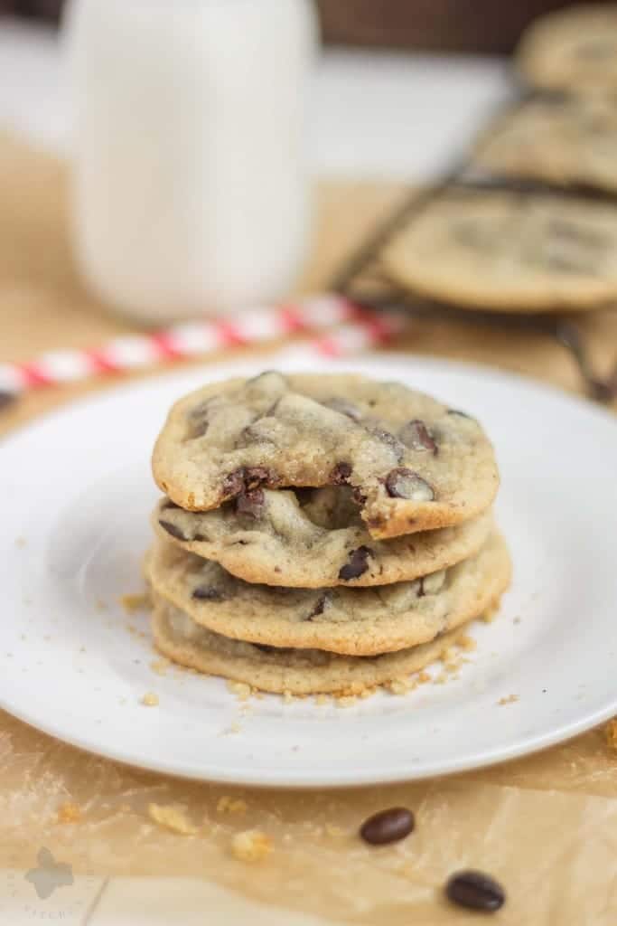 Soft, chewy, a little crunchy on the outside, buttery and sweet, these Espresso Chocolate Chip Cookies combine two of the best flavor combos, coffee and chocolate. They are a perfect pair, match made in Heaven, two peas in a pod...you get my drift. | Strawberry Blondie Kitchen