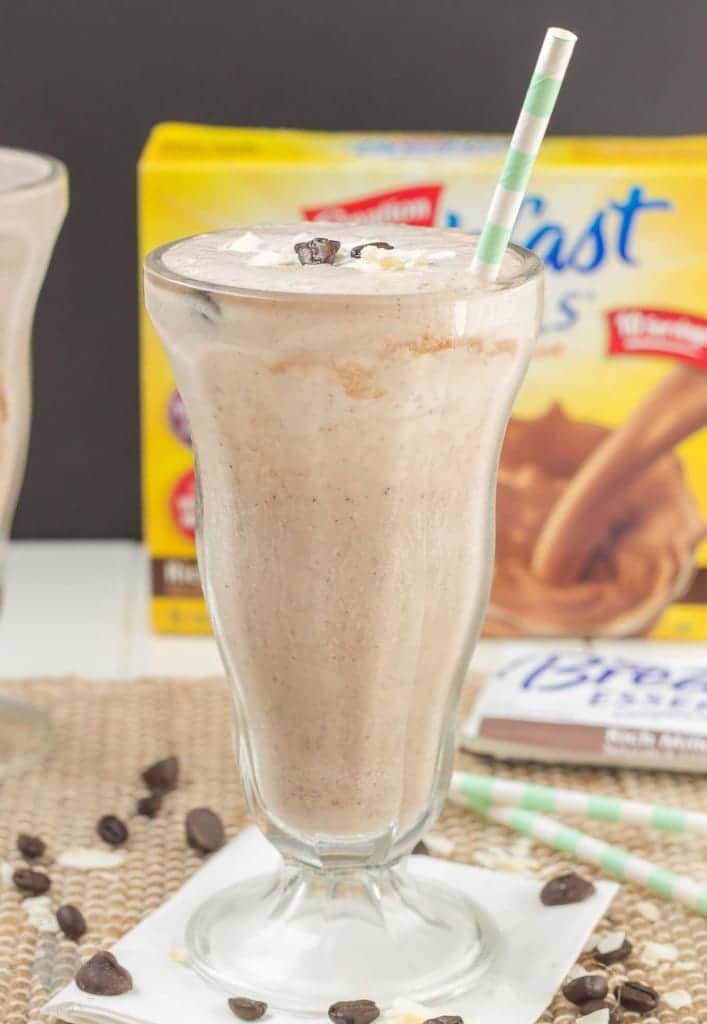 Start your morning off on the right foot with this Mocha Coconut Java Carnation Breakfast Shake. It's nutritious, packed with protein and vitamins and it'll fill you up and save you time in the morning so you have more energy to accomplish everything else! | Strawberry Blondie Kitchen