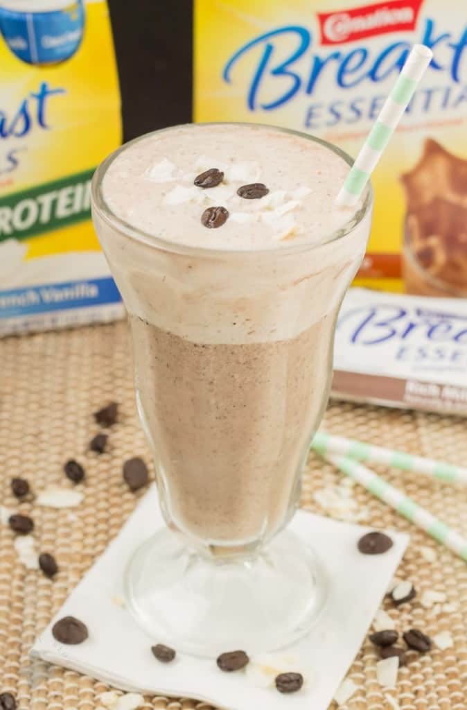 Start your morning off on the right foot with this Mocha Coconut Java Carnation Breakfast Shake. It's nutritious, packed with protein and vitamins and it'll fill you up and save you time in the morning so you have more energy to accomplish everything else! | Strawberry Blondie Kitchen