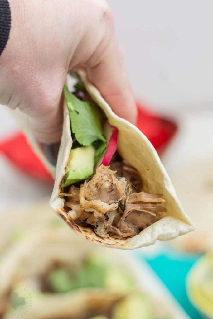Tender, spicy, moist and juicy these Slow Cooker Spicy Pork Carnitas are perfect for the BIG GAME! Place on top of a tortilla with fresh ingredients, piled high on nachos or sandwiched between bread, no matter how you serve them, you've got a crowd pleaser perfect for game day, dinner or a fiesta! | Strawberry Blondie Kitchen