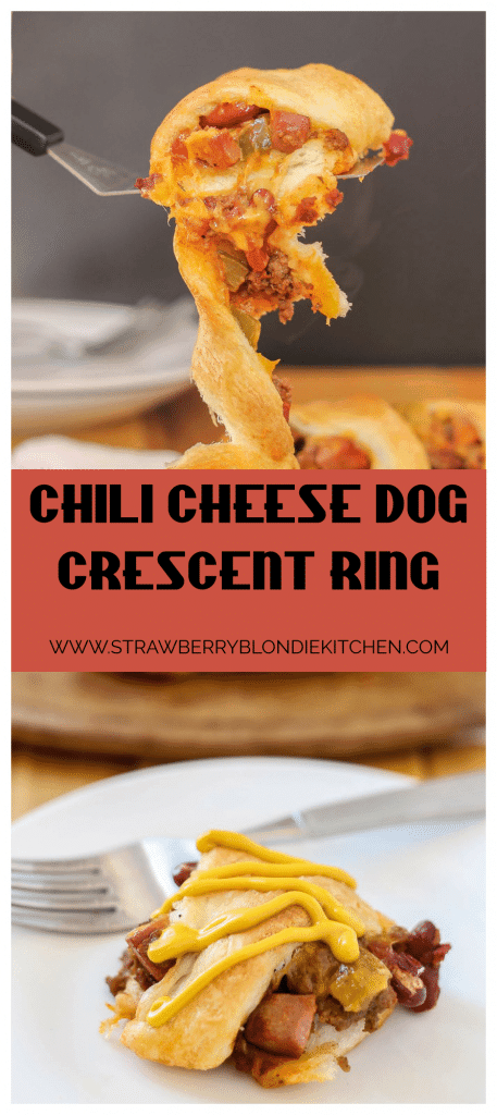 The flavors of an American classic, the chili cheese dog, have been rolled up into a crescent ring to bring you the ultimate game time food. You'll please even the pickiest of eaters with this Chili Cheese Dog Crescent Ring during dinnertime or any occasion. | Strawberry Blondie Kitchen