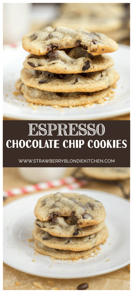 Soft, chewy, a little crunchy on the outside, buttery and sweet, these Espresso Chocolate Chip Cookies combine two of the best flavor combos, coffee and chocolate. They are a perfect pair, match made in Heaven, two peas in a pod...you get my drift. | Strawberry Blondie Kitchen