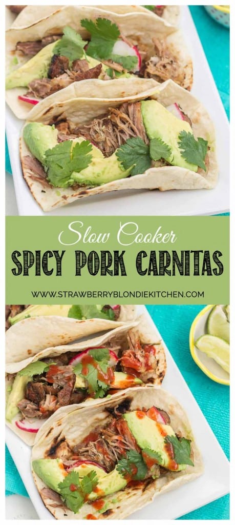 Tender, spicy, moist and juicy these Slow Cooker Spicy Pork Carnitas are perfect for the BIG GAME! Place on top of a tortilla with fresh ingredients, piled high on nachos or sandwiched between bread, no matter how you serve them, you've got a crowd pleaser perfect for game day, dinner or a fiesta! | Strawberry Blondie Kitchen