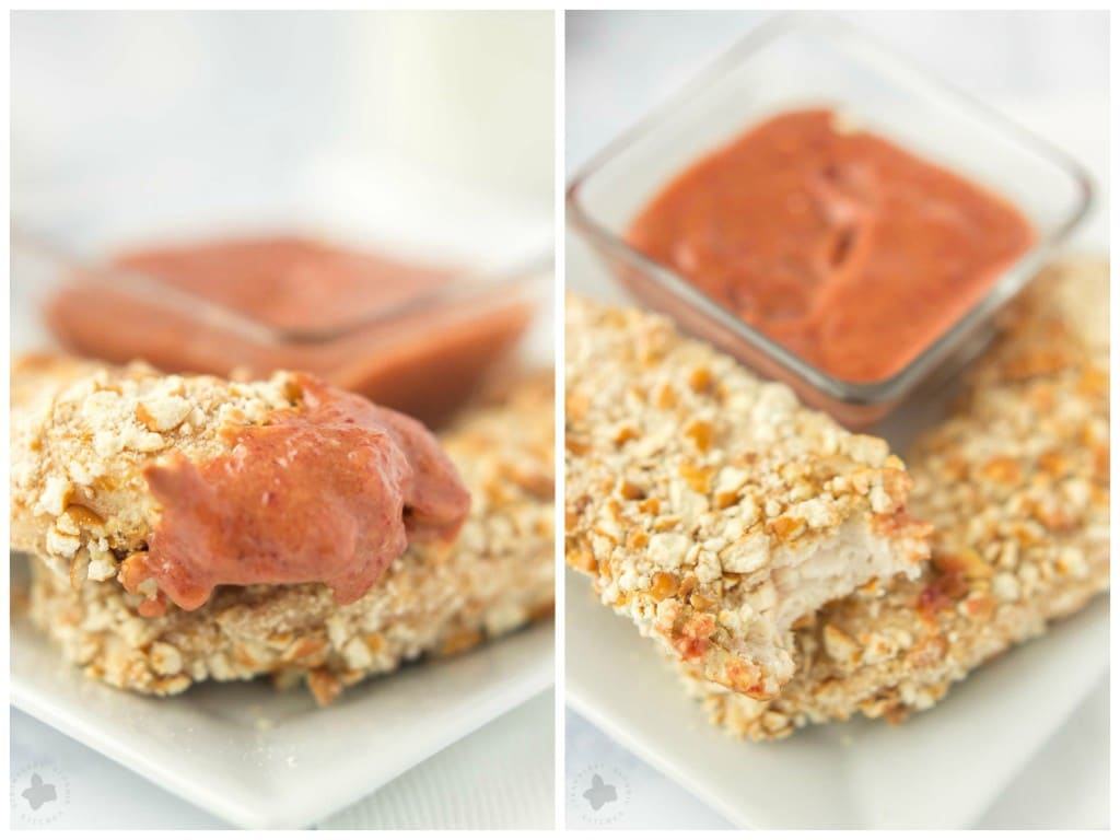 Kids starving after school and you’re tired of feeding them the same ole snack? Try these Pretzel Crusted Chicken Tenders. Chicken Tender strips are coated in Goldfish® Pretzel crackers, baked in the oven and served with a delicious Blackberry honey mustard sauce dipping sauce your kids will love! | Strawberry Blondie Kitchen