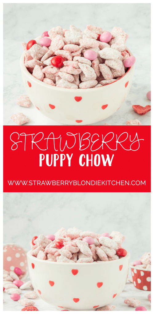 Strawberry Puppy Chow is deliciously sweet, crunchy and highly addictive. A tasty and sweet snack your sweetheart is sure to love! | Strawberry Blondie Kitchen