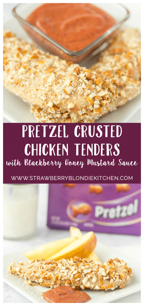 Kids starving after school and you’re tired of feeding them the same ole snack? Try these Pretzel Crusted Chicken Tenders. Chicken Tender strips are coated in Goldfish® Pretzel crackers, baked in the oven and served with a delicious Blackberry honey mustard sauce dipping sauce your kids will love! | Strawberry Blondie Kitchen