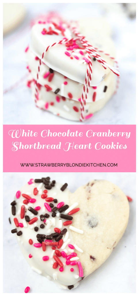 Surprise and delight your Valentine with these White Chocolate Cranberry Shortbread Heart Cookies. Nothing says I love you more than fresh home baked cookies shaped like hearts, dipped in white chocolate and covered in sprinkles!