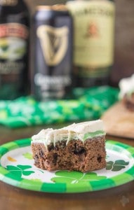 Guinness Stout Chocolate Brownies, Jameson White Chocolate Ganache and Bailey's Buttercream frosting are what these Irish Car Bomb Brownies are made of! Decadently sweet, these brownies will satisfy any sweet tooth, even those who aren't lucky enough to be Irish! | Strawberry Blondie Kitchen