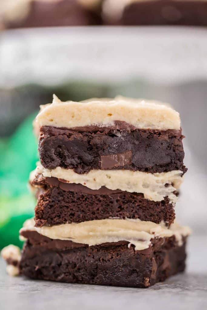 close up of 3 Irish Car Bombs Brownies stacked