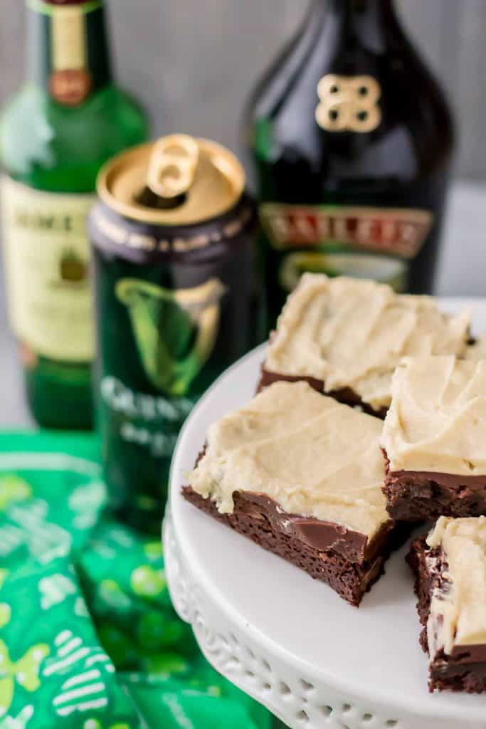 sliced Irish Car Bomb Brownies on a cake stand