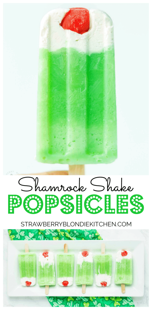 The classic Shamrock Shake you know and love turned Popsicle. Cool, creamy mint flavored frozen yogurt popsicles complete with whipped cream and a cherry on top! | Strawberry Blondie Kitchen