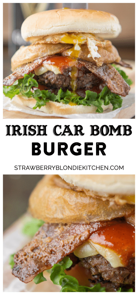 An All American beef patty with Guinness Battered Onion rings, Jameson BBQ sauce and Candied Baileys Bacon, this Irish Car Bomb Burger is literally a flavor bomb! | Strawberry Blondie Kitchen