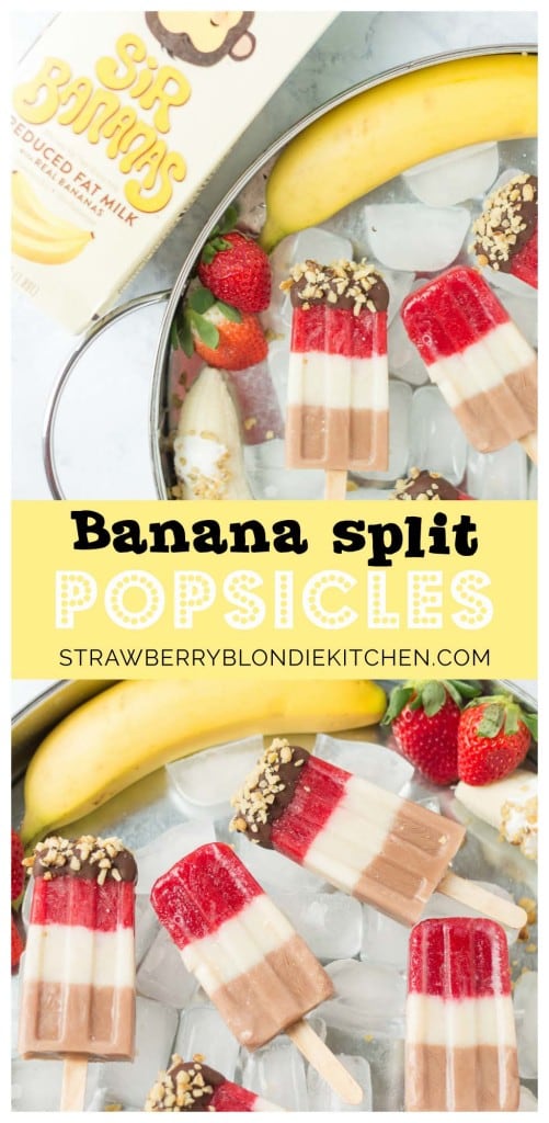Layers of fresh strawberries, Sir BananamilkTM, and Sir Chocolate BananamilkTM make these Banana Split Popsicles irresistible to both adults and children alike. | Strawberry Blondie Kitchen