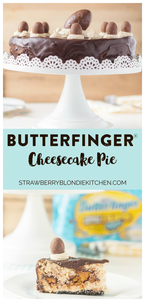 Layers of chocolate cookie crust, peanut butter cheesecake, BUTTERFINGER® Cup Eggs, chocolate ganache and peanut butter frosting, this BUTTERFINGER® Cheesecake Pie is a peanut butter lovers dream! | Strawberry Blondie Kitchen