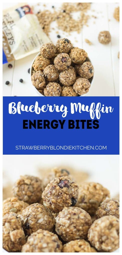 These 4 ingredient, no bake, Blueberry Muffin Energy Bites are the perfect grab and go breakfast or snack. Packed with good for you super grains and seeds, these will be your new and nutritious way to start your day or tackle your afternoon to do list! | Strawberry Blondie Kitchen