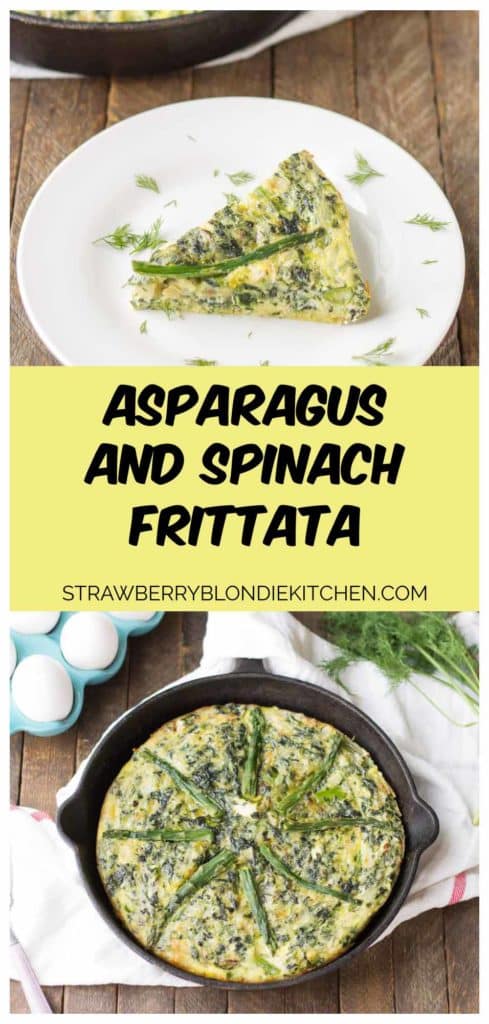 Bursting with springtime flavors, this Asparagus and Spinach Frittata is the perfect dish to wake up to in the morning. Fresh asparagus, spinach and tangy goat cheese pair nicely to give you a healthy balanced breakfast, snack or meal any time | Strawberry Blondie Kitchen