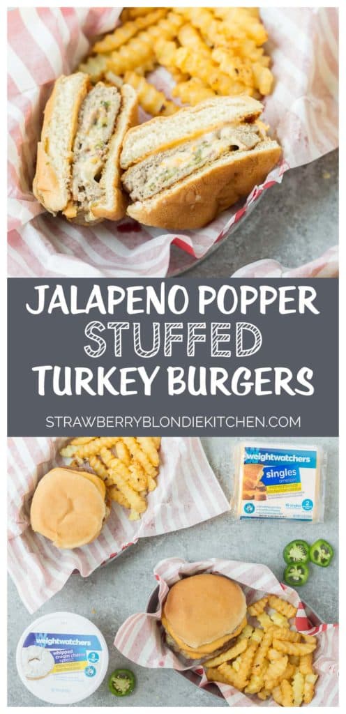 All the flavors you love of a classic appetizer now stuffed into a delicious, better for you burger. These Jalapeno Popper Stuffed Turkey Burgers are packed with 4 types of cheese, spicy jalapenos and bacon. They're a spicy flavor packed bomb of cheesy goodness! | Strawberry Blondie Kitchen
