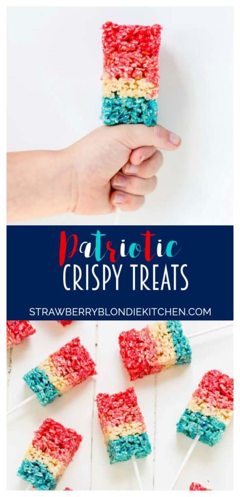 Reminiscent of the classic bomb pop, with much less mess, these Patriotic Crispy Treats are not your ordinary dessert. They’re layers of flavors with strawberry, vanilla and blue raspberry. A fun, new and Patriotic twist on everyone's favorite past time treat. Perfect addition to your next American party! | Strawberry Blondie Kitchen