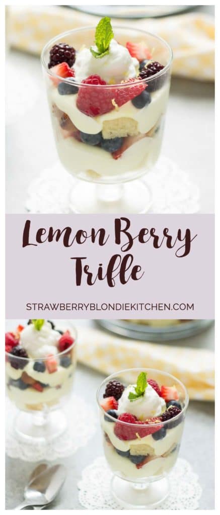 Celebrate the bountiful berries of the season with this Lemon Berry Trifle. Strawberries, blueberries, raspberries and blackberries are layered between tart lemon pudding, whipped cream and studded with delicious pound cake. The perfect summer dessert for all your backyard parties! | Strawberry Blondie Kitchen