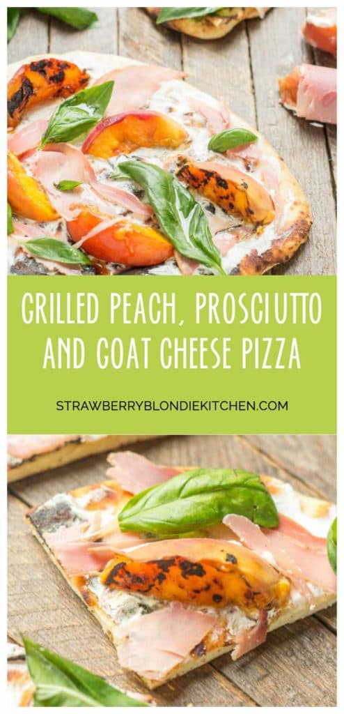 Tender and sweet peaches are a match made in Heaven with salty prosciutto, tangy, creamy goat cheese all piled high on garlic naan bread. This Grilled Peach, Prosciutto and Goat Cheese Pizza will have your taste buds singing the sweet and savory tunes of summer | Strawberry Blondie Kitchen