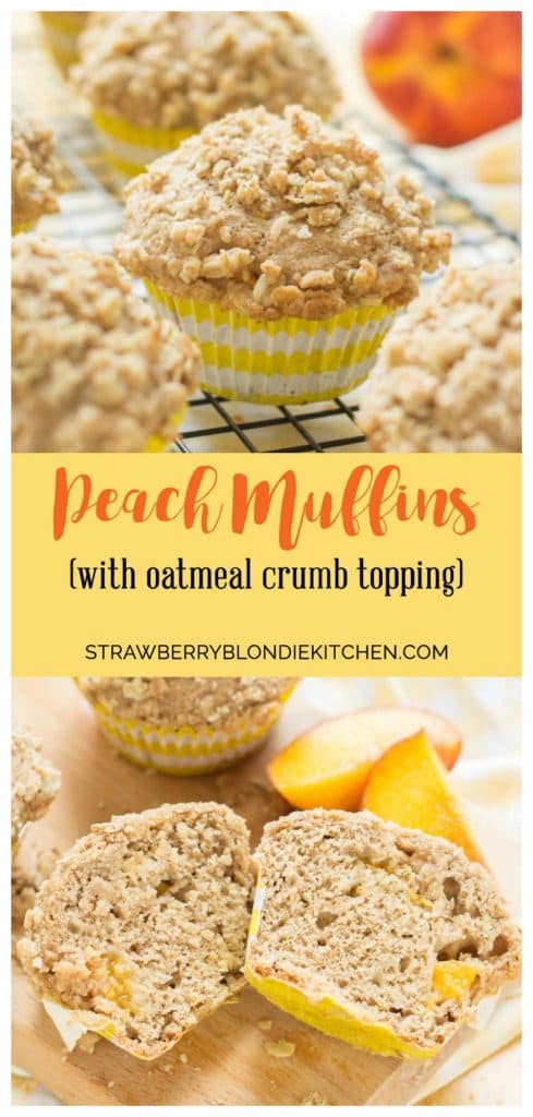 Start your morning with these delicious Peach Oatmeal Crumb Muffins. They're super moist and tender, studded with sweet, juicy peaches and are overflowing with an irresistible oatmeal crumb topping. These just might be your next favorite muffin recipe and for good reason! | Strawberry Blondie Kitchen