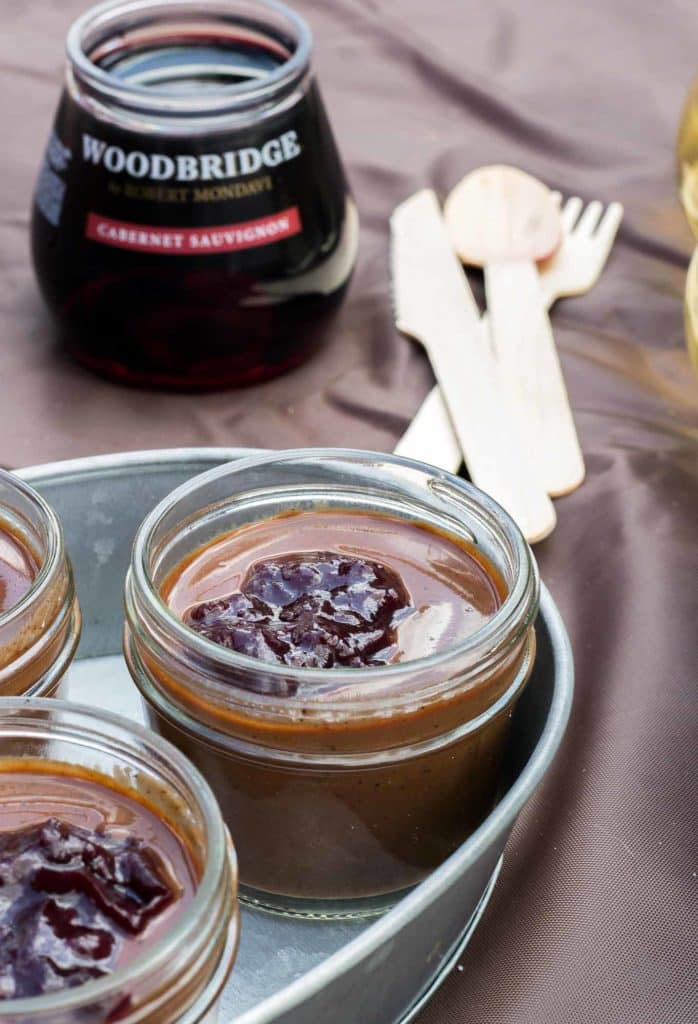 Dark chocolate and sweet cherries pair perfectly with Cabernet Sauvignon and complement each other harmoniously to bring an elegant dessert to any outdoor experience. Mini Chocolate Mason Jars with Cherry Jam are the perfect way to end your romantic picnic on a sweet note. | Strawberry Blondie Kitchen
