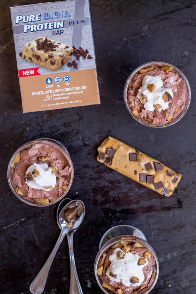 These Protein Packed Chocolate Chip Cookie Dough Parfaits are a low calorie, low sugar, indulgent treat thanks to Pure Protein Plus Bars. | Strawberry Blondie Kitchen