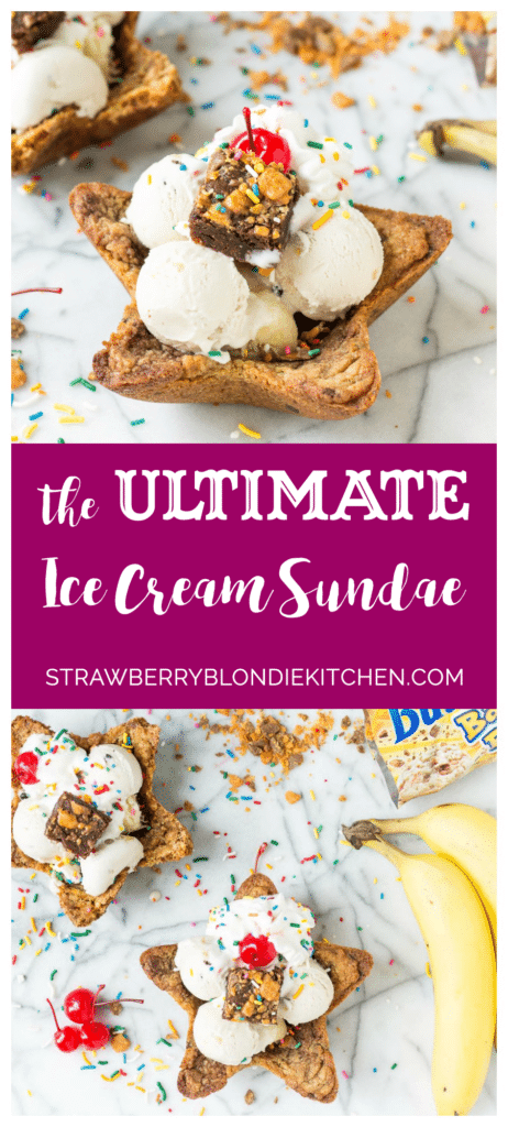 Freshly baked chocolate chip cookies are molded into bowls and piled high with all your favorite ice cream sundae favorites. Now you can have your ice cream and eat the bowl too! The Ultimate Ice Cream Sundae Bowl are an ice cream lovers dream. | Strawberry Blondie Kitchen