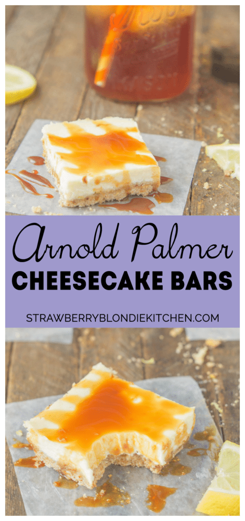Tangy, tart lemon cheesecake bars are topped with a sweet tea caramel sauce to perfectly marry the two together and create Arnold Palmer Cheesecake Bars. Your favorite way to quench your thirst is now in dessert form! | Strawberry Blondie Kitchen
