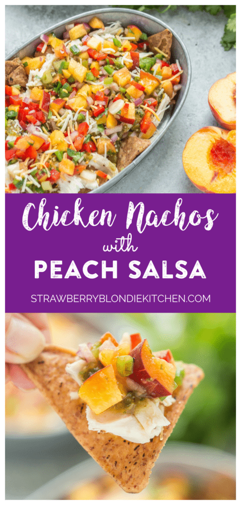 Chicken Nachos with Peach Salsa are bursting with bright summer flavors. Featuring juicy, ripe peaches, fresh chopped veggies and herbs, perfectly cooked chicken and a homemade tomatillo sauce, these nachos will have skipping the taco stand! | Strawberry Blondie Kitchen