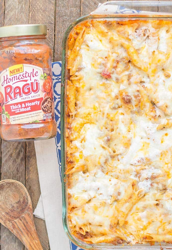 Baked Mostaccioli is loaded with ooey, gooey cheeses and packed with meat thanks to RAGÚ® Homestyle Thick & Hearty Meat Sauce. It's the perfect comfort food any night of the week and sure to become a family favorite! | Strawberry Blondie Kitchen